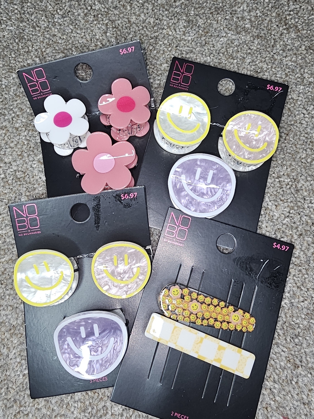 No Boundaries Pink, White, Yellow & Purple Smiley and Flower Hair Clip Set